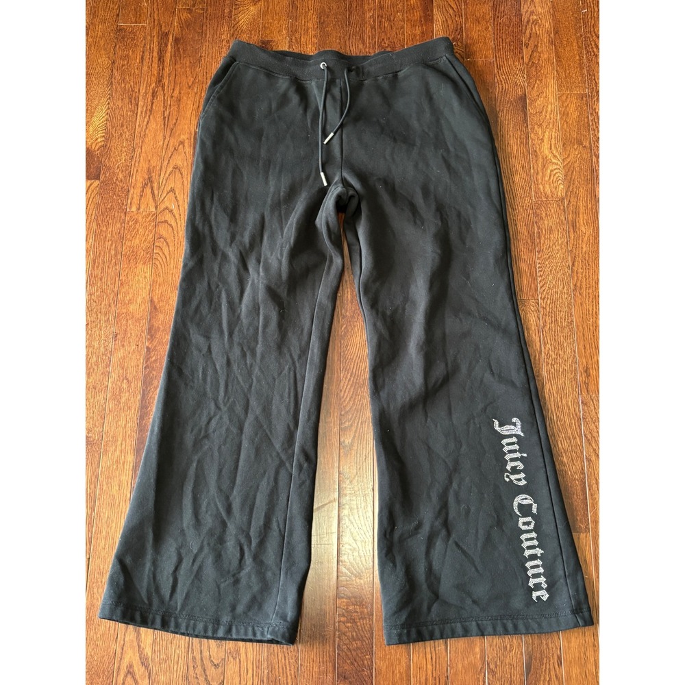 Juicy Couture Sweatpants Womens XL Black Wide Leg Rhinestone Logo Y2K